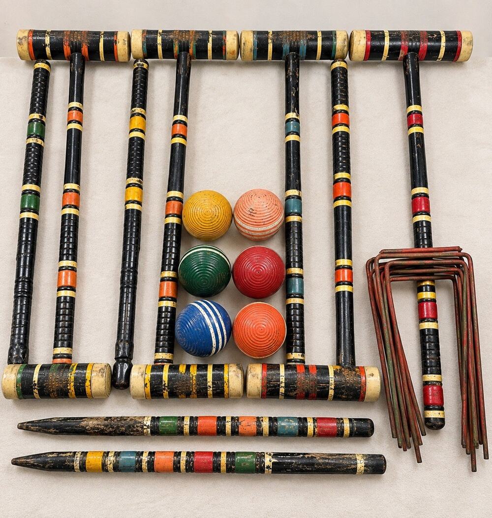 Vintage 6 Player Wooden Croquet Set Mallets Balls Wickets Stakes Unbranded